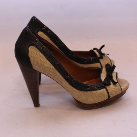 ZARA Peep Toe Canvas Pumps Heels Navy Cream Nautical Style Vintage Sz 37 US 6.5 - Picture 5 of 14